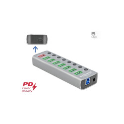 Hub USB 3.2 Gen 1 avec 7 ports + 1 port de chargement rapide + 1 port USB-C PD 3.0 avec interrupteur et voyant Delock